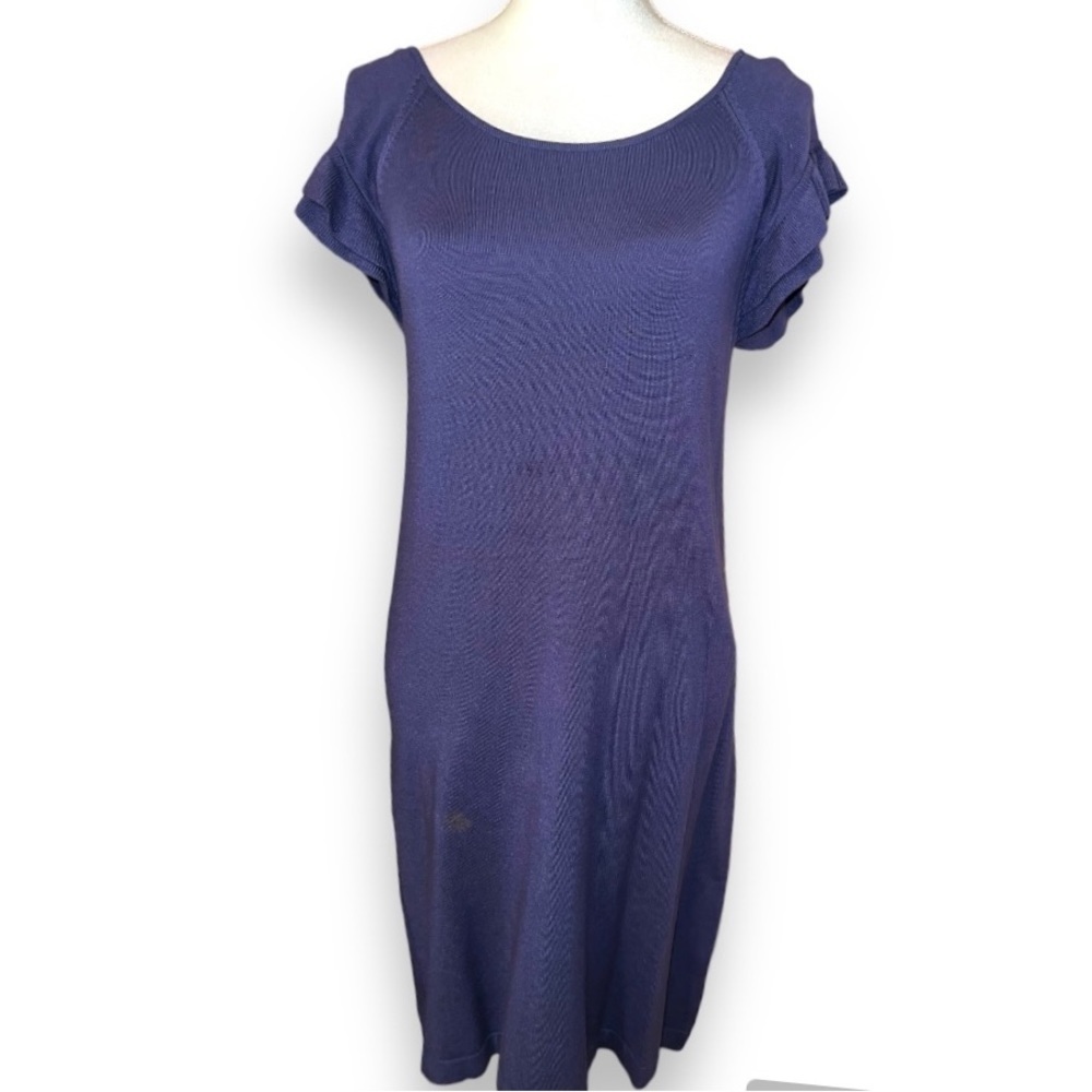 Oxmo knit dress with shirt ruffle sleeves, keyhole back. M.